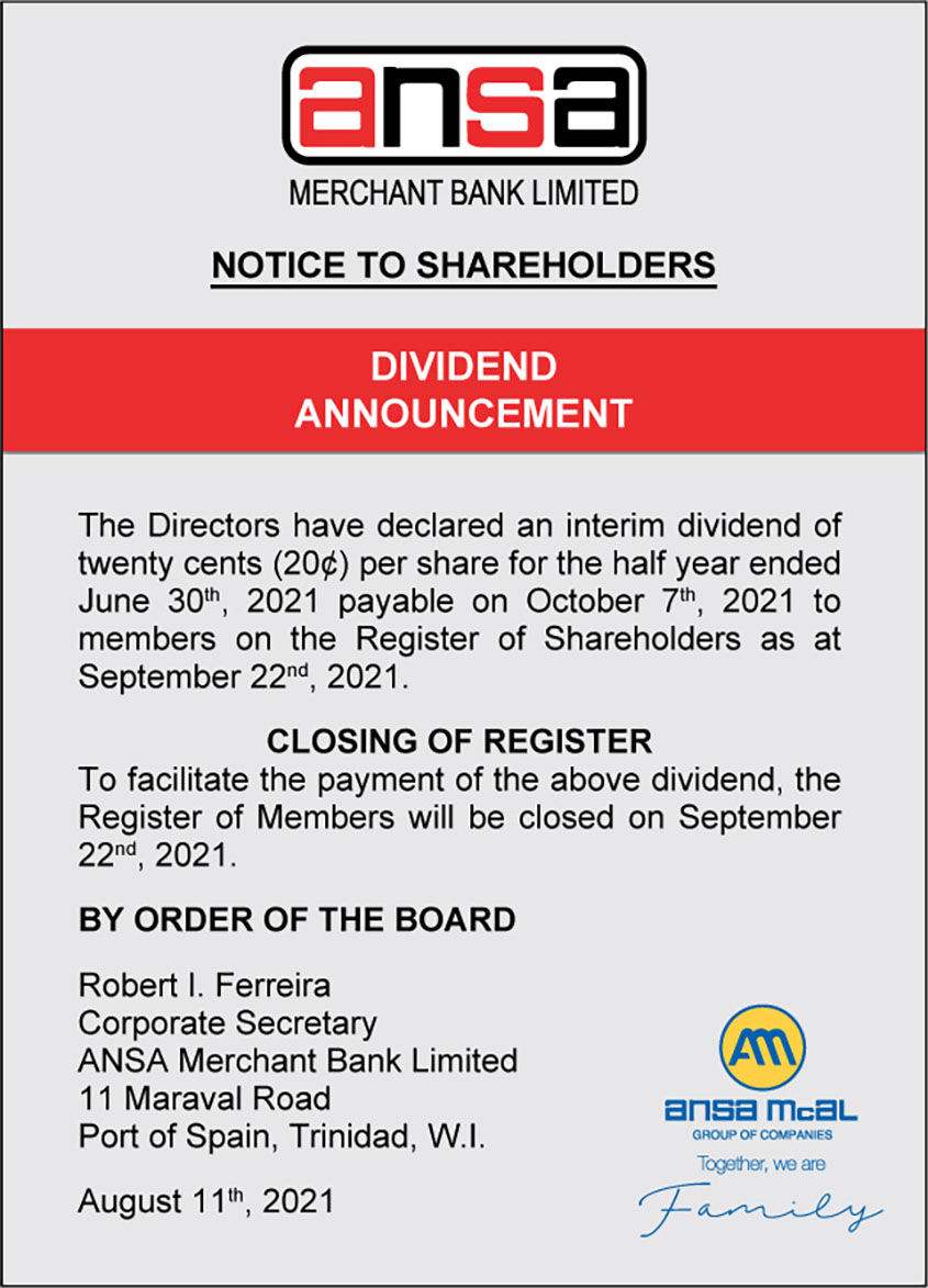 Notice to Shareholders Dividend Announcement ANSA Merchant Bank